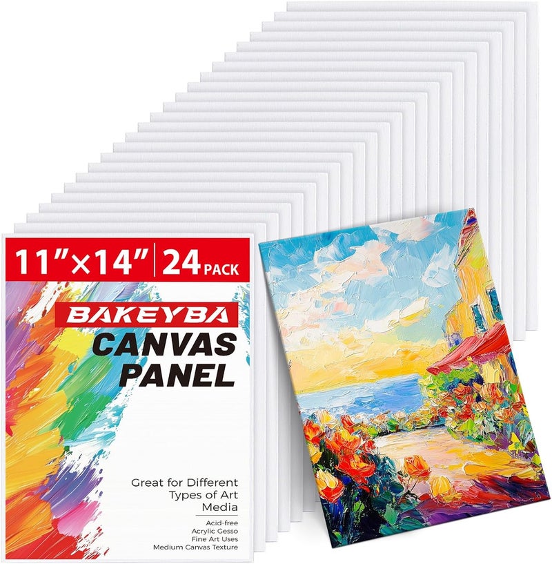 BAKEYBA Canvas Boards for Painting 24 Pack, 11x14 Inch Canvas Panels, 100% Cotton White Blank Art Supplies for Acrylics Oil Watercolor Tempera Paints - Image 1